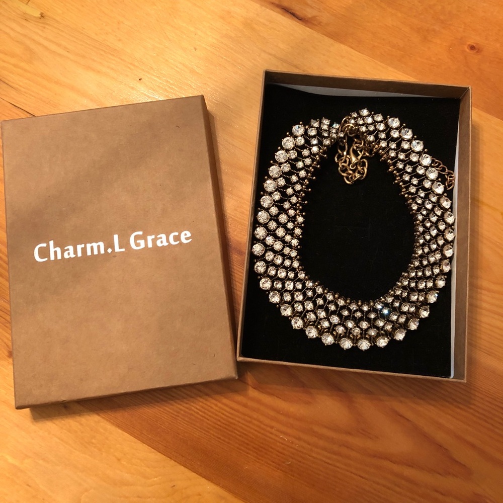 Large brass gold and crystal necklace - Wedding